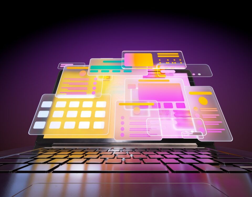 Digital generated animated video of multicoloured social media icons and data screens moving out from opened laptop against dark purple background.